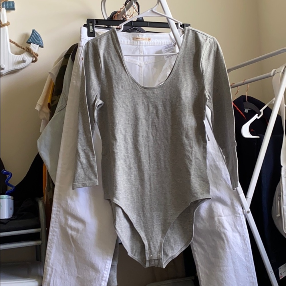 Gray and white 3/4 length sleeve scoop bodysuit